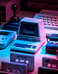 A desk with a retro PC